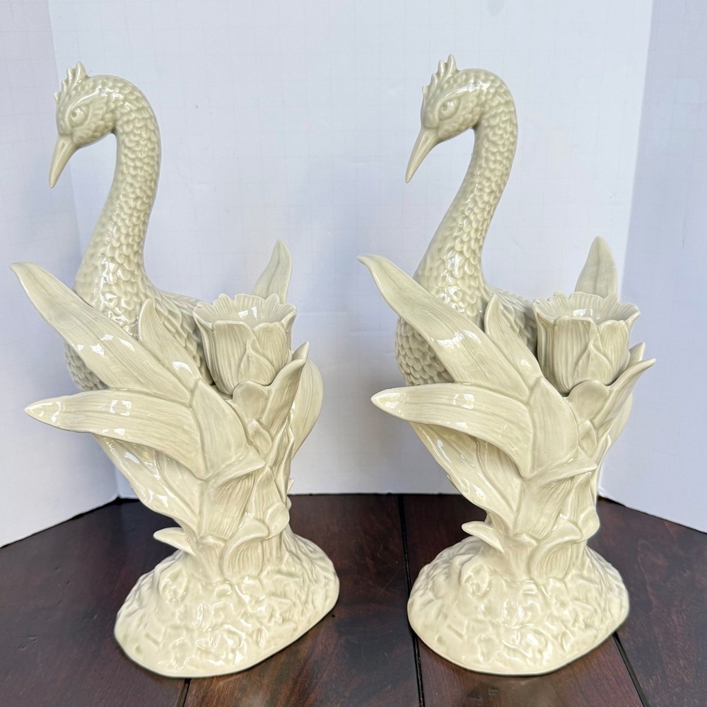 Vintage 1977 Fitz and Floyd Heron Lotus Candlestick Holders Pair Cream Ceramic